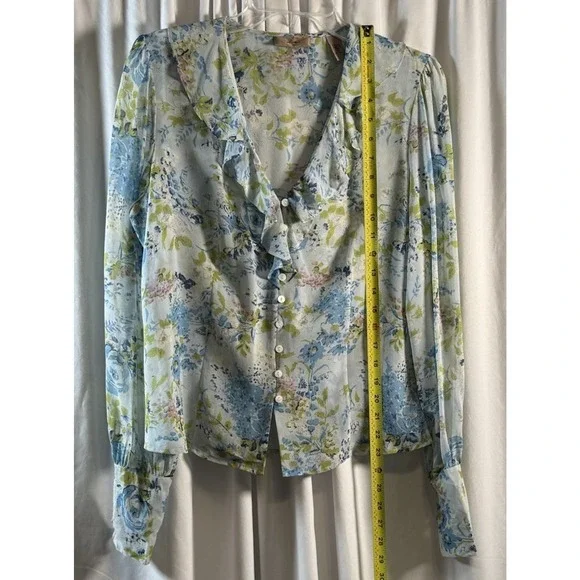 I.E.‎ Blue Green Floral Silk Ruffle V-Neck Button Down Top 10 Cottagecore 79-42 - Picture 6 of 14